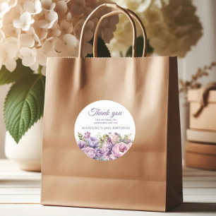 Adesivo Redondo Agradecimento de Aniversário Feminino Floral Roxo