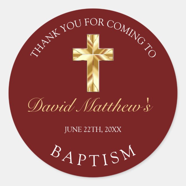 Adesivo Redondo Agradecimento de Batismo de Bebê em Dourado Burgun (Frente)