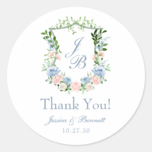Adesivo Redondo Agradecimento de Casamento com Brasão Floral Azul