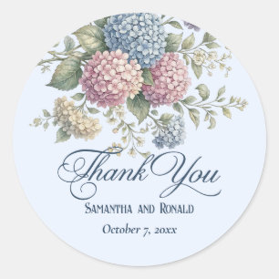 Adesivo Redondo Agradecimento de Casamento Floral Hortênsia Azul E