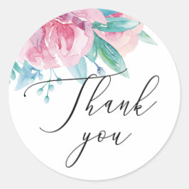 Adesivo Redondo Agradecimento de casamento floral rosa aquarela