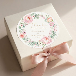 Adesivo Redondo Agradecimento de Casamento Floral Rosa Corado