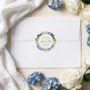 Adesivo Redondo Agradecimento de Casamento Hortênsia Azul Rosa Bra