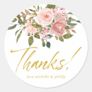 Adesivo Redondo Agradecimento de casamento rosa e dourado Floral B