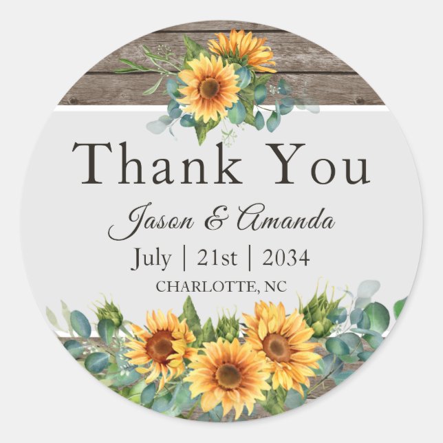 Adesivo Redondo Agradecimento de Casamento Rústico com Girassóis E (Frente)