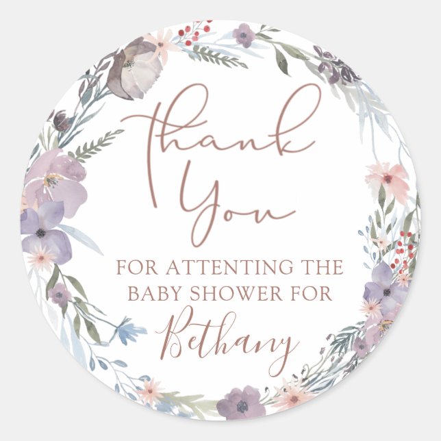 Adesivo Redondo Agradecimento de Chá de Bebê Floral em Aquarela Ro (Frente)