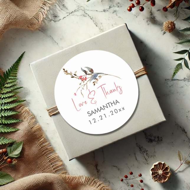 Adesivo Redondo Agradecimento de Chá de Noiva com Aquarela Rústica (Fall and winter bridal shower favor stickers personalized rustic watercolor berries)