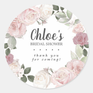 Adesivo Redondo Agradecimento de Chá de Noiva Floral Rosa Rústico