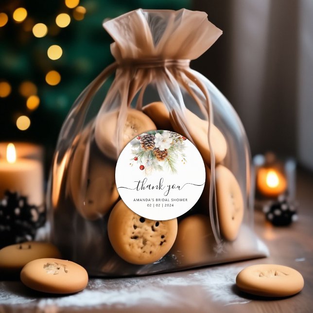 Adesivo Redondo Agradecimento de Chuveiro de Noiva Elegante de Inv (Winter Evergreen Bridal Shower Thank You Classic Round Sticker)