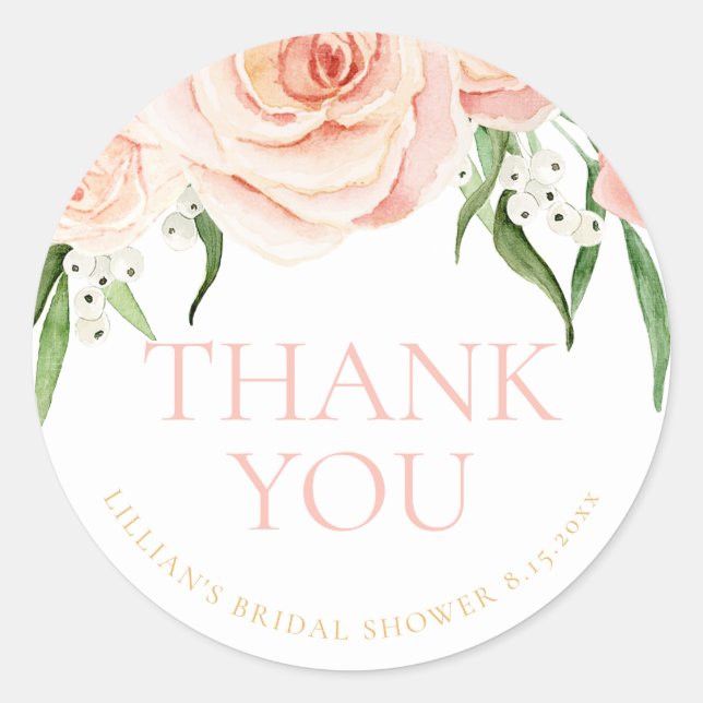 Adesivo Redondo Agradecimento de Chuveiro de Noiva Floral Rosa Amo (Frente)