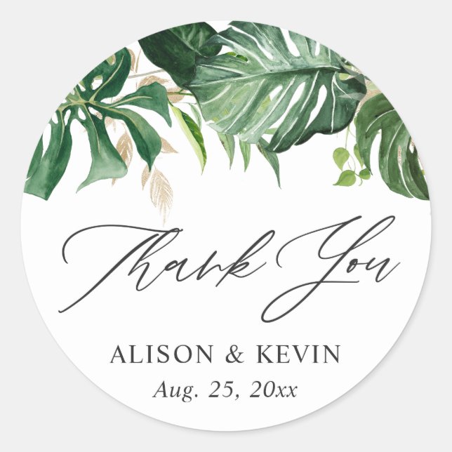 Adesivo Redondo Agradecimento de Folhas de Palmeira Tropical em Aq (Frente)