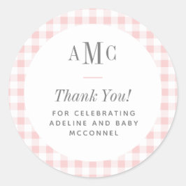 Adesivo Redondo Agradecimento de Monograma Xadrez Rosa e Branco