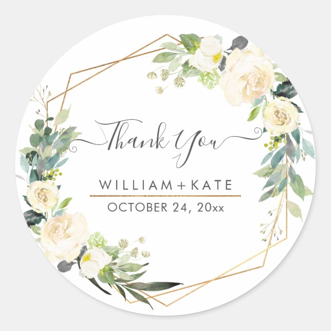 Adesivo Redondo Agradecimento de Rosas Creme Marfim Aquarela Rústi (Frente)