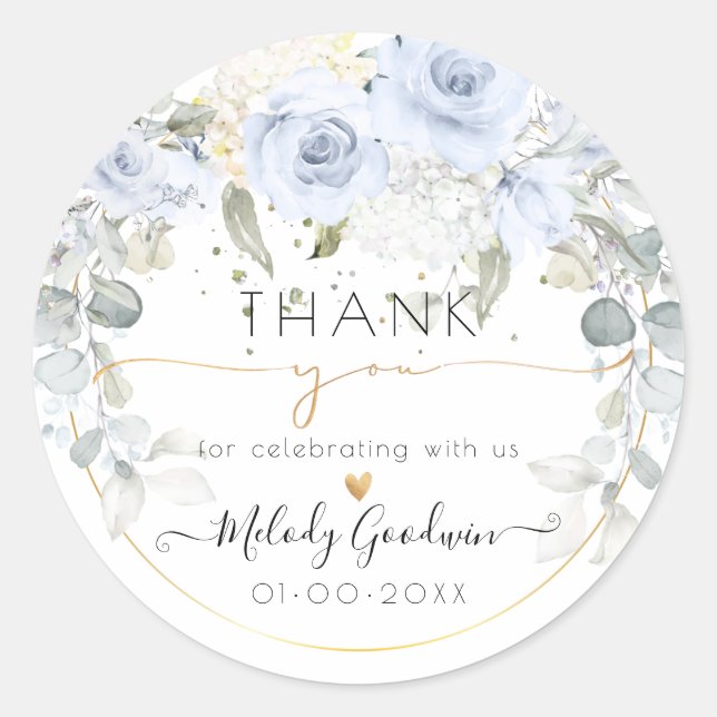 Adesivo Redondo Agradecimento de Rosas em Aquarela Azul Poeirento  (Frente)