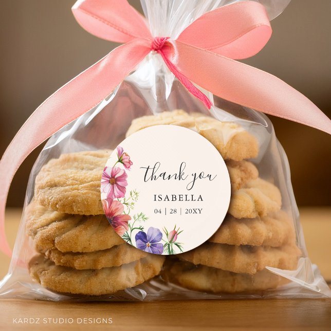 Adesivo Redondo Agradecimento Flor Silvestre Aquarela Chá de Noiva (Stickers come in 3 and 1.5 inches. Choose size before checkout.)