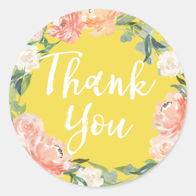 Adesivo Redondo Agradecimento Floral Amarelo Aquarela Spring Blush (Frente)