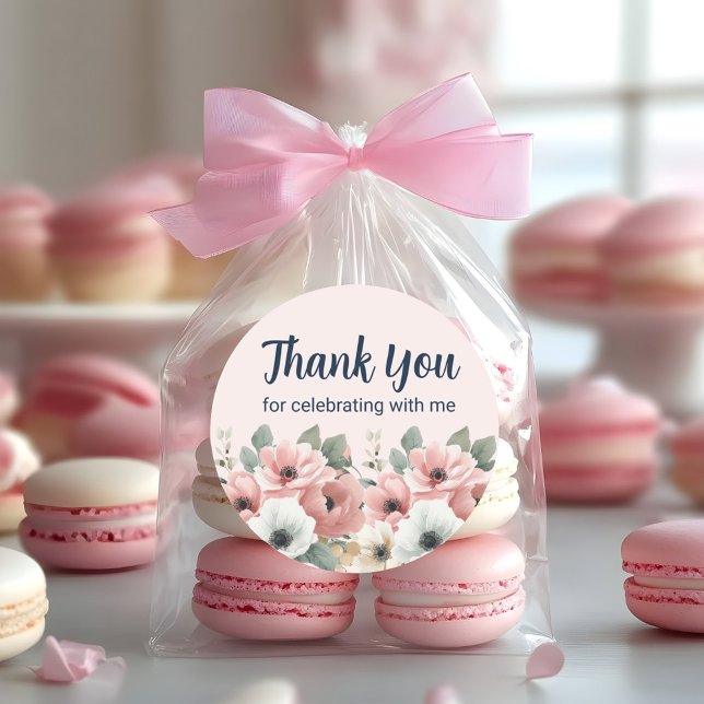 Adesivo Redondo Agradecimento Floral de Aquarela Branco Rosa (Pink and white floral birthday party favor bag "Thank You" sticker)