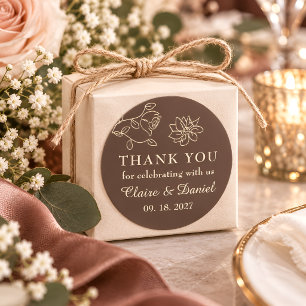 Adesivo Redondo Agradecimento Floral de Casamento Marrom Chocolate
