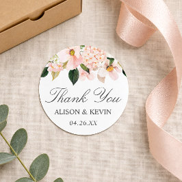 Adesivo Redondo Agradecimento Floral Hortênsia em Tons de Rosa Águ
