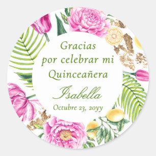 Adesivo Redondo Agradecimento Floral Peônias Rosa Quinceañera Espa