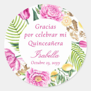 Adesivo Redondo Agradecimento Floral Peônias Rosa Quinceañera Espa