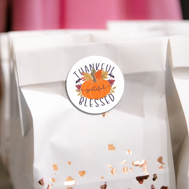 Adesivo Redondo Agradeço ao Feliz Abençoado Pumpkin de Ação de Gra (Criador carregado)