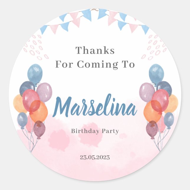 Adesivo Redondo Água Balão festa de aniversário obrigado você (Frente)