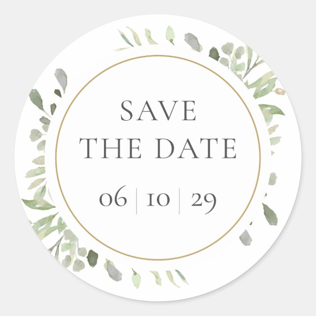 Adesivo Redondo Água de Primavera Folhas de Verde Save the Date (Frente)