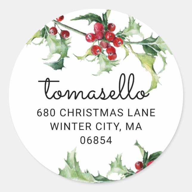 Adesivo Redondo Água-forte de Natal Folhas de Azevinho Endereço de (Frente)