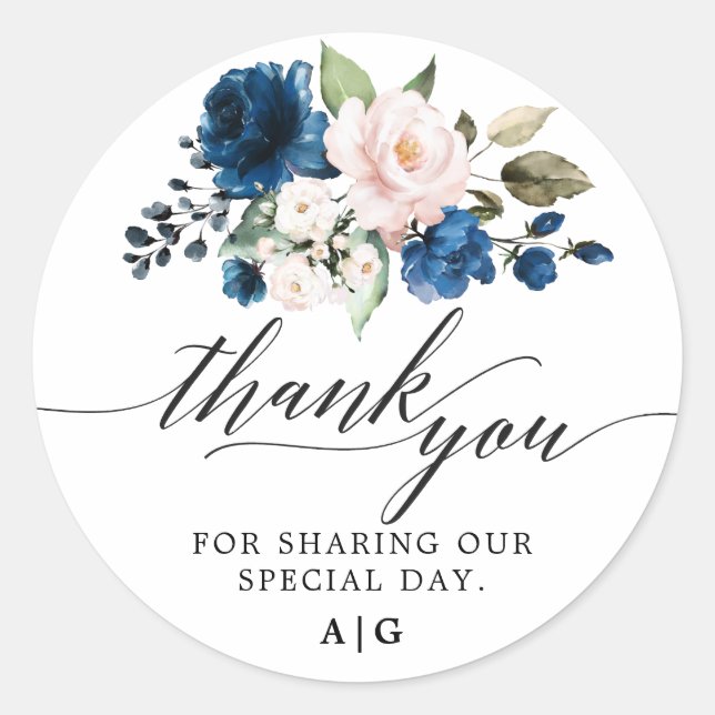 Adesivo Redondo Água-forte Romântica Rosa Azul Naval Floral (Frente)