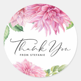 Adesivo Redondo Água-forte Rosa Dahlia Floral Aniversário Obrigado