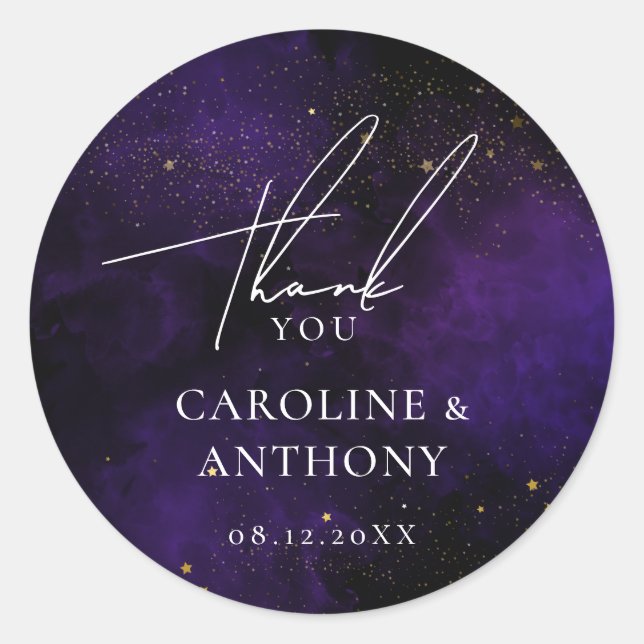 Adesivo Redondo Água-furtada Roxo Escuro Mágico Dourado Obrigada  (Frente)