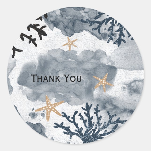 Adesivo Redondo Água-Marinha Coral Náutico Azul Aquarela Festa Ele (Frente)