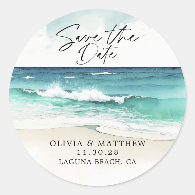 Adesivo Redondo Água Marinha Moderna Praia de Ocean Salvar a Data  (Frente)