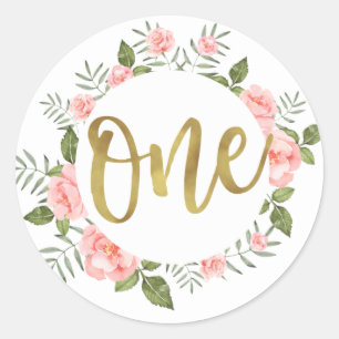 Adesivo Redondo Água - Primeiro Aniversário Dourado e Rosa