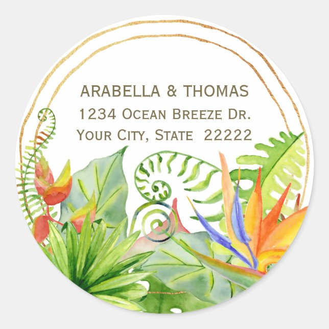 Adesivo Redondo Água Tropical com Buquê Floral Aquarela Endereço d (Frente)