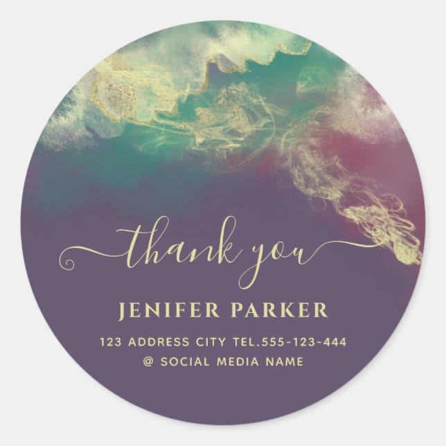 Adesivo Redondo Água verde esmeralda dourada agradecimento em letr (Frente)