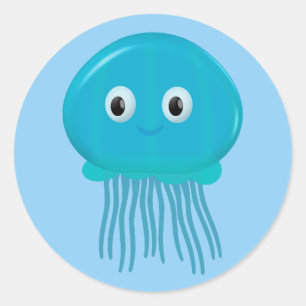 Adesivo Redondo Água-viva de desenho animado fofa no oceano azul