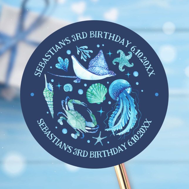 Adesivo Redondo Água-vivas, Caranguejo, Animais Do Oceano Índico (Jellyfish, Crab, Stingray Ocean Animals Watercolor Classic Round Sticker)