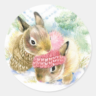 Adesivo Redondo Aguarela do Natal - coelhos da floresta do
