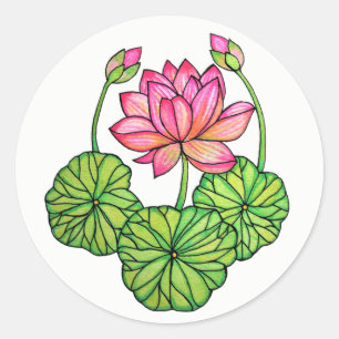 Adesivo Redondo Aguarela Lotus cor-de-rosa com botões & folhas