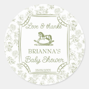 Adesivo Redondo Ah bebê cavalo de balanço verde sálvia baby shower