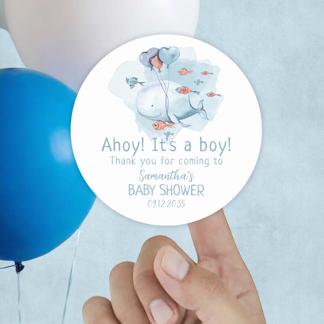 Adesivo Redondo Ahoy, é um Chá de fraldas de baleia, obrigado (Ahoy It's A Boy Whale Baby Shower Thank You Classic Round Sticker
)