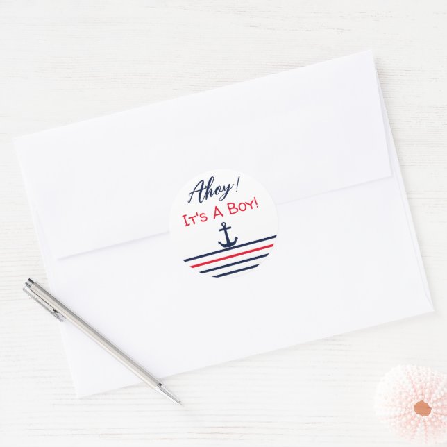 Adesivo Redondo Ahoy, é um menino! Chá de fraldas náutico (Envelope)