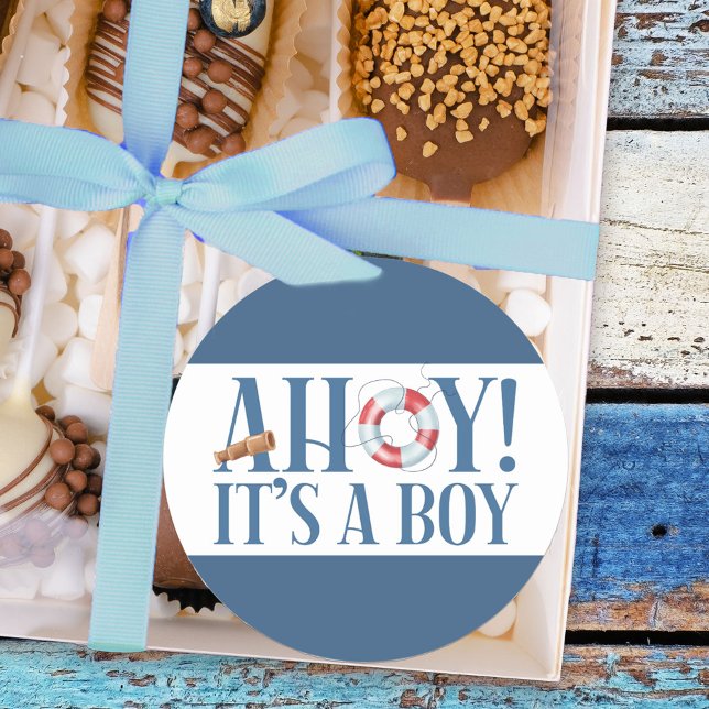 Adesivo Redondo Ahoy é uma tipografia azul (Boy baby shower stickers from my Happy Whale collection. Message if you need different items.
)