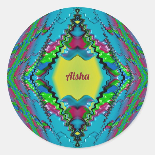 Adesivo Redondo AISHA ~ Azul Cor-de-rosa-preta e Fractal Amarelo (Frente)