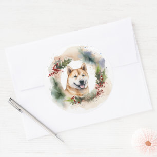 Adesivo Redondo Akita Christmas Wreath Festivo Pup