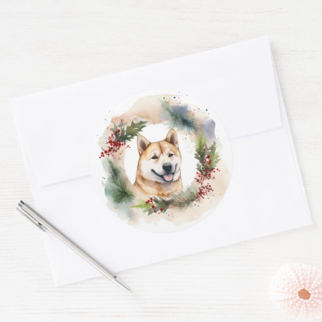 Adesivo Redondo Akita Christmas Wreath Festivo Pup (Envelope)