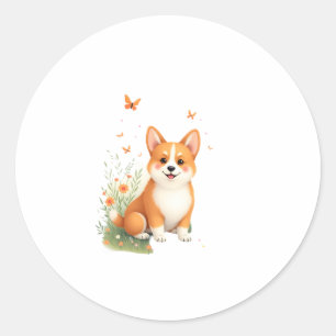 Adesivo Redondo Akita Dog com Flor e Borboleta T Shirt