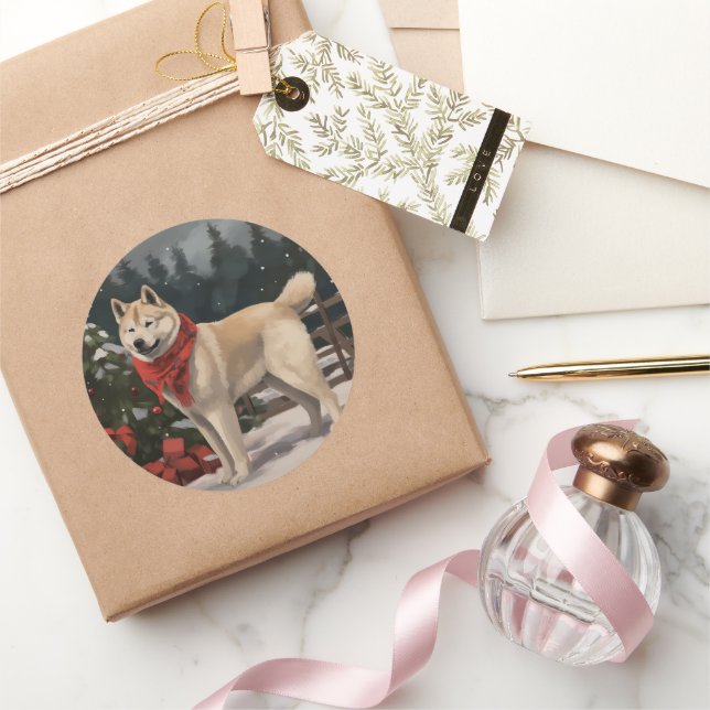 Adesivo Redondo Akita Dog no Natal da Neve (Presentear)